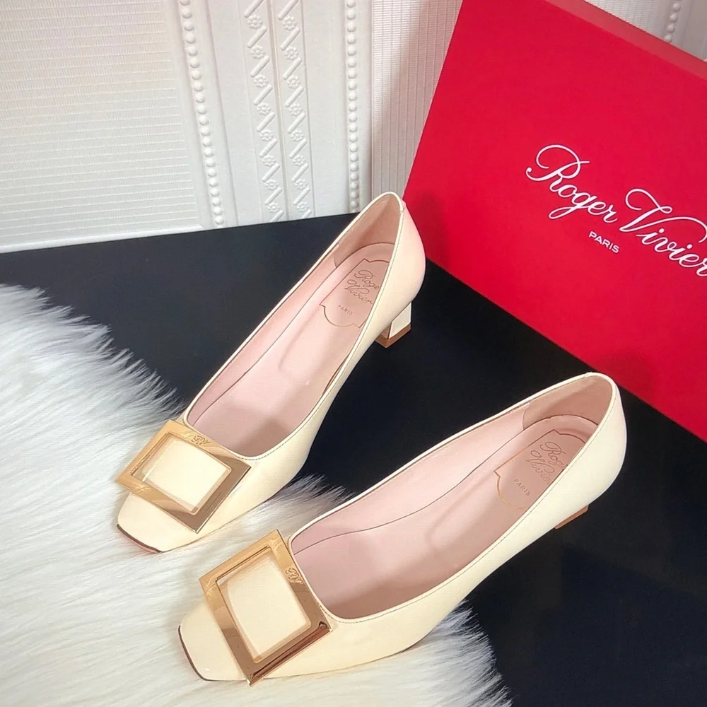Roger Vivier Cream Square Buckle Mid Heel Pumps